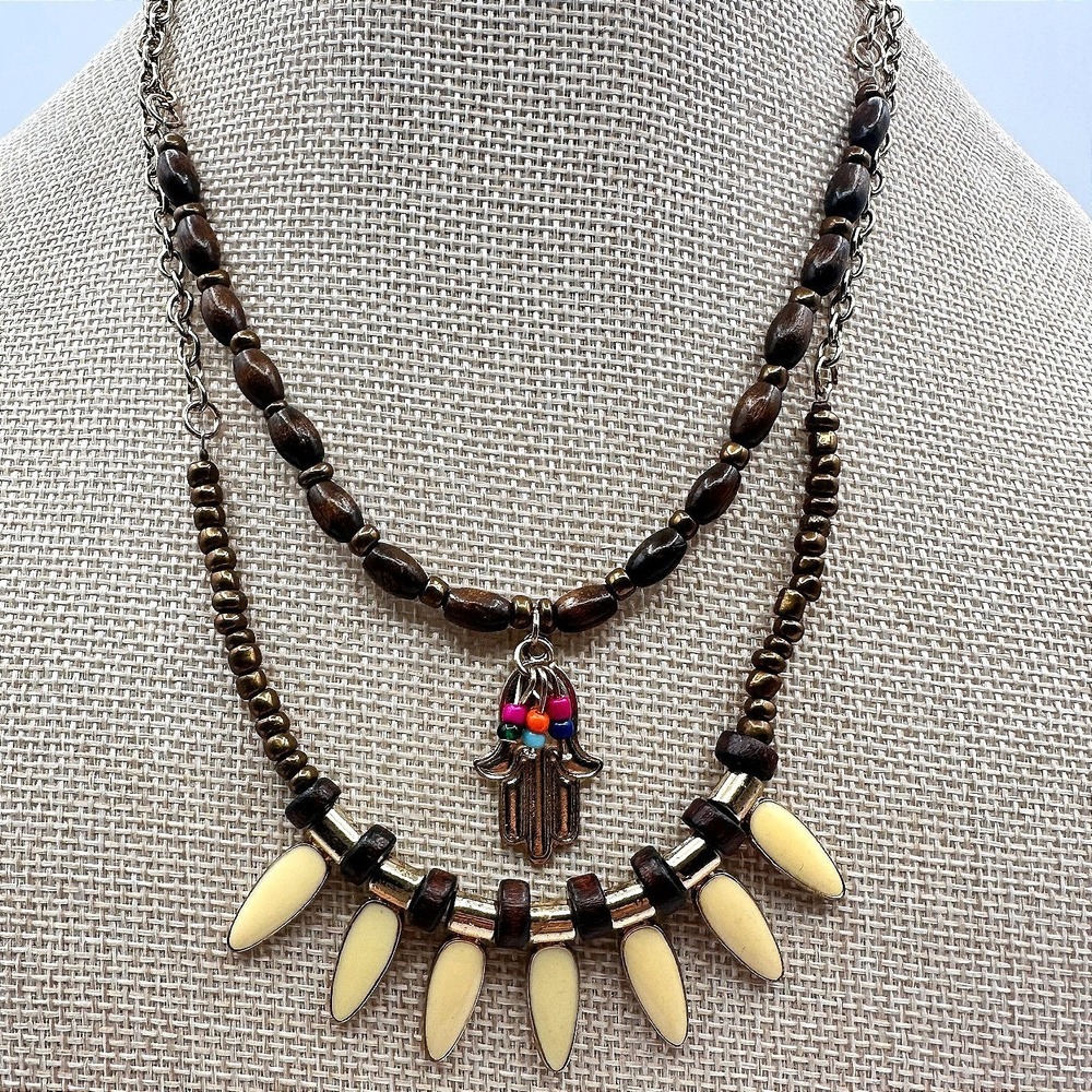 Vintage 90s Gold Tone Beaded Multi Strand Hamsa‎ Hand Pendant Necklace Jewelry